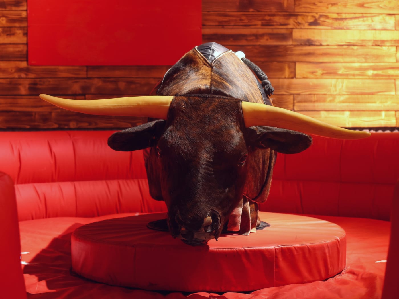 Mechanical bull with brown and black hide on red padded platform